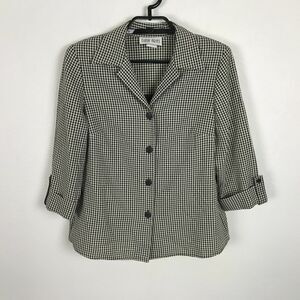 Vintage 1980s Dina Ariel Blouse Size M Black Ivory Plaid 3/4 Sleeve Rayon Blend